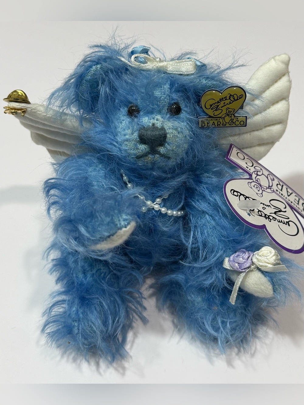 Annette funicello Collectable bear Co. Blue Plush Angel Bearw/Pearl Cross Accent